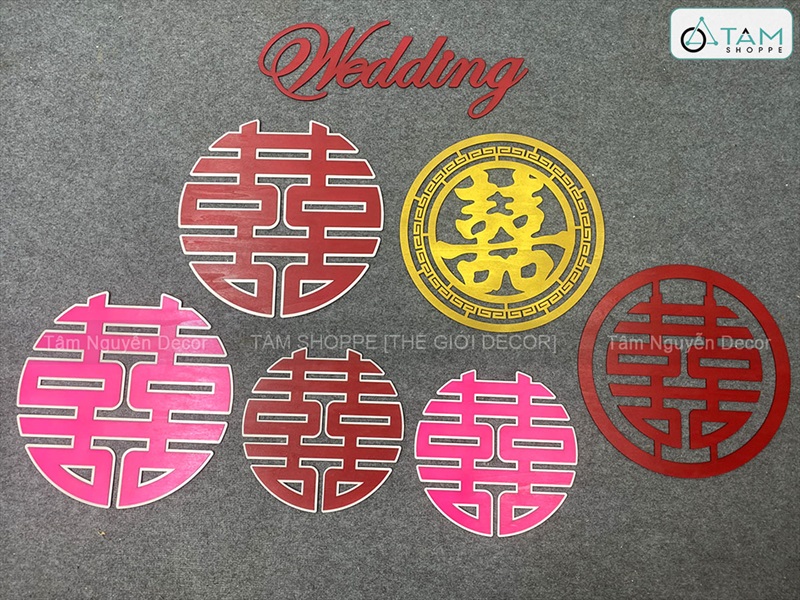 Chữ gỗ Song Hỷ tròn - Wedding nhiều kiểu [Gỗ nhẹ - Sơn thủ công] ĐK 30-40cm CHU-GO-23